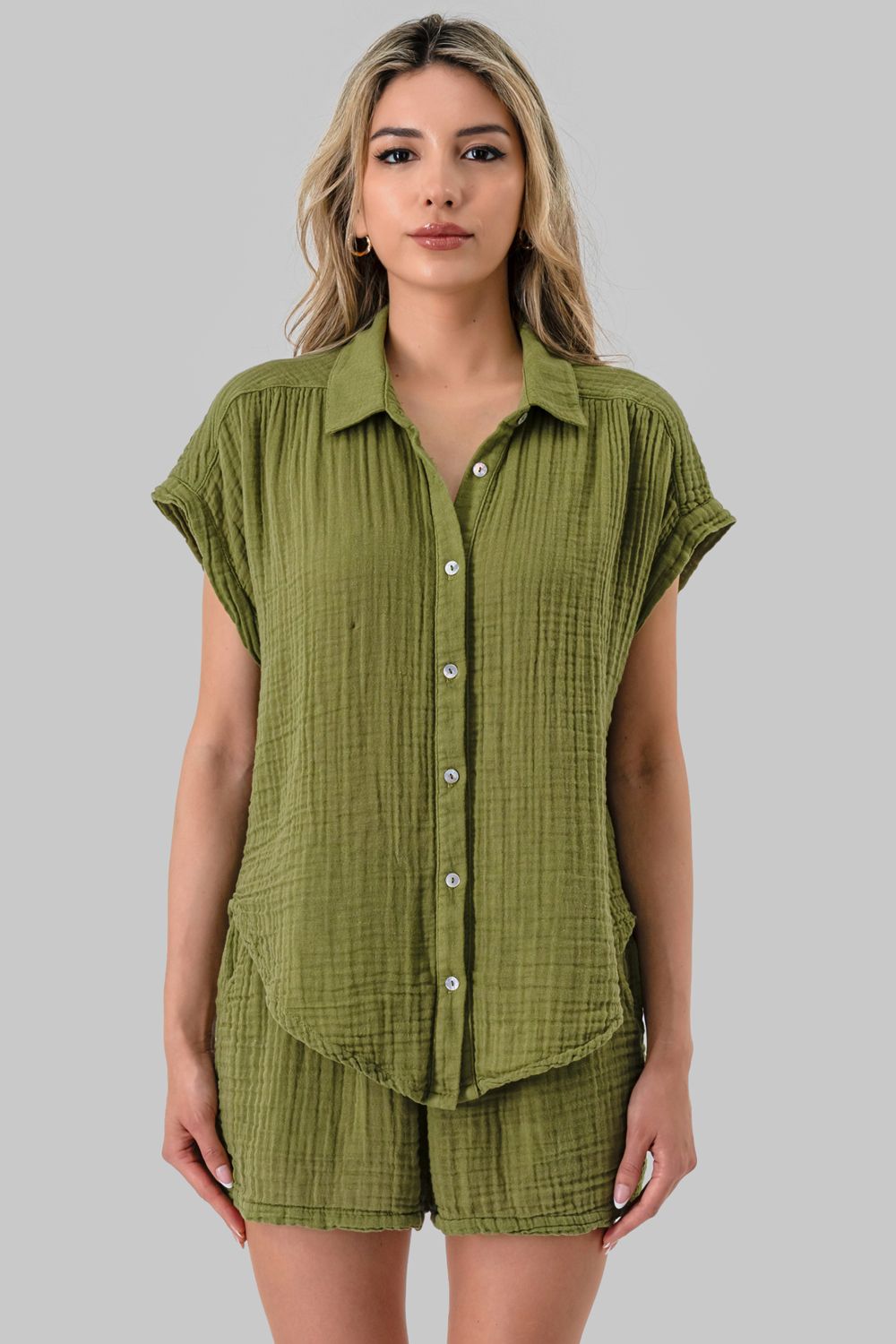 GAUZE SHORT SLEEVE BUTTON UP, Contents:100% COTTON