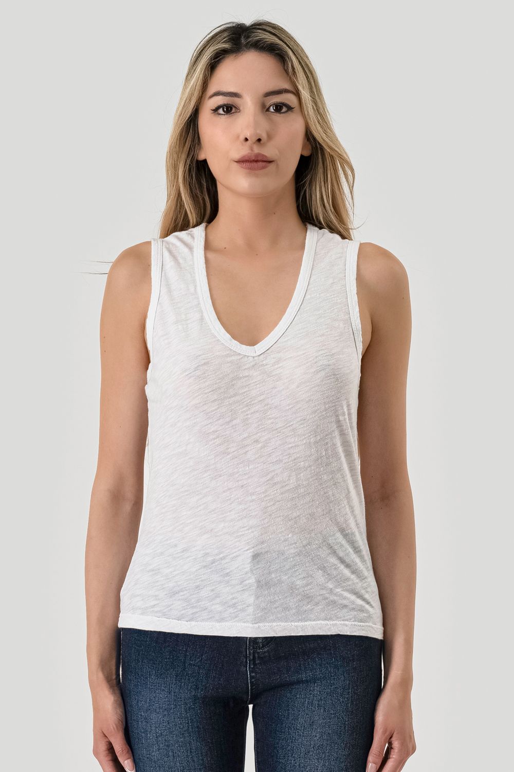 V-NECK SLUB SLEEVELESS TEE, Contents:100% COTTON