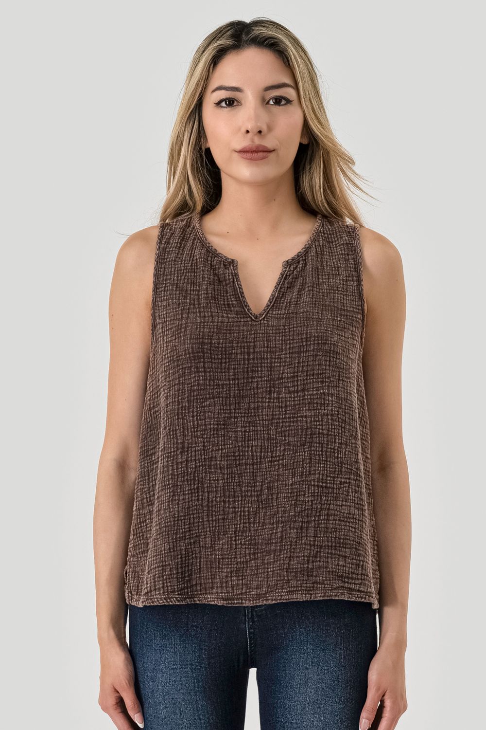 STONE DYE GAUZE SLEEVELESS TOP, Contents:100% COTTON